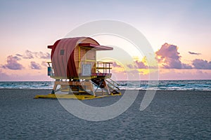 Miami south beach, colorful beach with lifeguard hut during sunrise at Miami Florida