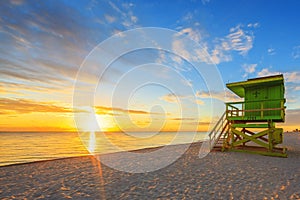 Miami South Beach sunrise and lifeguard tower