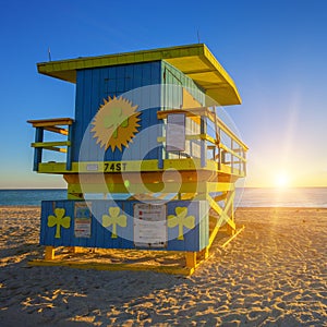 Miami South Beach sunrise with lifeguard tower