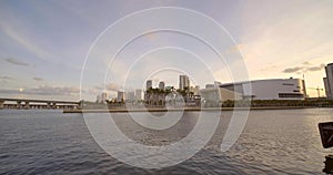 Miami stock video panning from Biscayne Bay to American Airlines Arene sunset over city 4k 60p