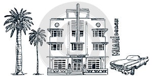 Miami street with vintage building, retro car and palms. Vector sketch illustration. Florida design elements