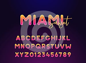 Miami sunset lettering typography round alphabet. Vector font for summer, night, clubbing events