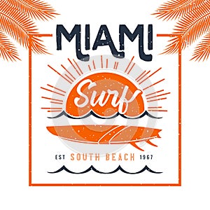 Miami surf logo for t-shirt and apparel, vintage vector design with palms