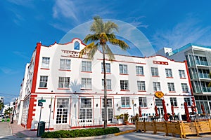 Miami, USA - April 18, 2021: Beach Park hotel building Art Deco architecture in Ocean Drive