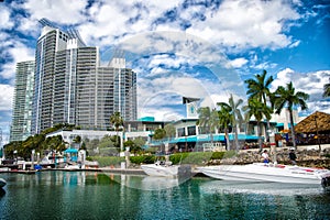 View of luxurious boats and yacht docked in a Miami South Beach Marina. Reach life concept. Real estate