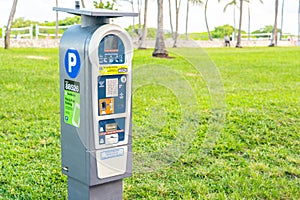 Miami, USA - September 10.09.2019: Self service parking pay station with solar power