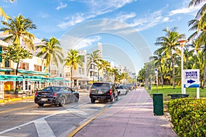 Miami, USA - September 09, 2019: The view of famous Ocean Drive street in the morning in Miami South Beach in Florida