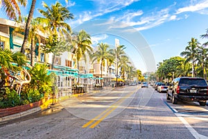 Miami, USA - September 09, 2019: The view of famous Ocean Drive street in the morning in Miami South Beach in Florida