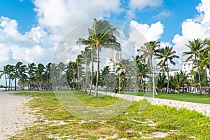 Miami, USA - September 11, 2019: The view of famous Ocean Drive street in the morning in Miami South Beach in Florida