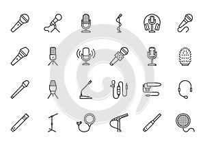 Mic flat line icons set. Podcast mike, journalist microphone, karaoke, conference, windscreen, retro radio vector