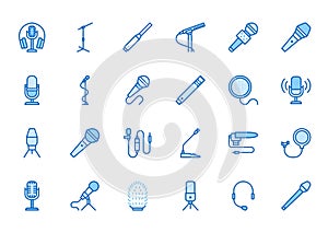 Mic flat line icons set. Podcast mike, journalist microphone, karaoke, conference, windscreen, retro radio vector