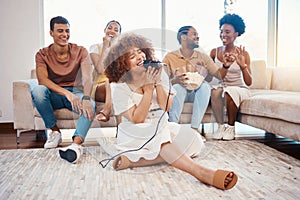 Mic, happy people or woman singer in home living room together in a party on holiday vacation break. Girl singing