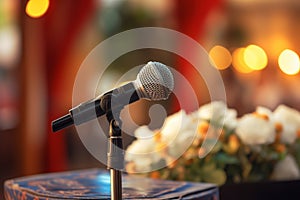 Mic on stage podium facilitates effective public speaking in conferences.