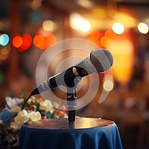 Mic on stage podium facilitates effective public speaking in conferences.