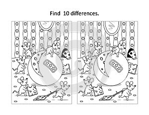 Mice and cheese find the differences picture puzzle and coloring page