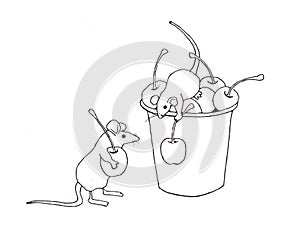 Mice Gathering Cherries Coloring Page, Hand Drawn