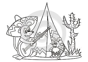 Mice and guitar, funny vector illustration, coloring page, eps.