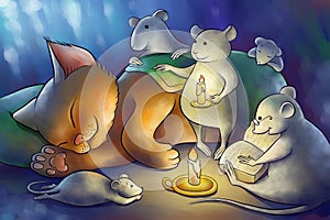 Mice read a book to a kitten at the night