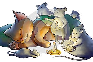 Mice read a book to a kitten at the night