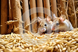mice sneakily nibbling on grains in barn
