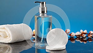 Micellar cleansing water or gel, cotton buds, cotton pads on blue background. Delicate cleansing everyday concept photo