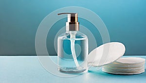 Micellar cleansing water or gel, cotton buds, cotton pads on blue background. Delicate cleansing everyday concept photo
