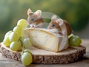 Mices are munching on a block piece of cheese