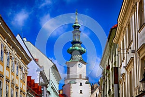 Michael Gate and cityscape of buildings in old town, Bratislava, Slovakia