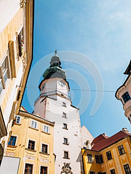 Michael Tower gate and old town medieval buildings in Bratislava, Slovakia