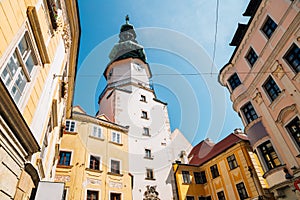 Michael Tower gate and old town medieval buildings in Bratislava, Slovakia