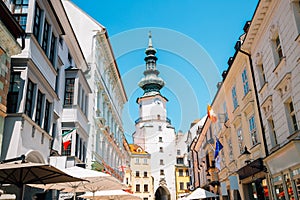 Michael Tower gate and old town michalska street in Bratislava, Slovakia