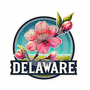 Michaela Peach Blossom Illustration, Delaware State, USA, Watercolor Logo and Sticker Style, Isolated on white background