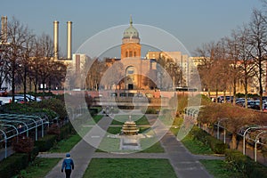 Michaelkirche and parc with walking people , Berlin