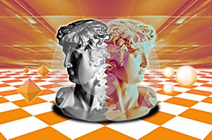 Michelangelo`s David bust. Aesthetic contemporary art collage. Chess board style 3D rendered illustration with David.