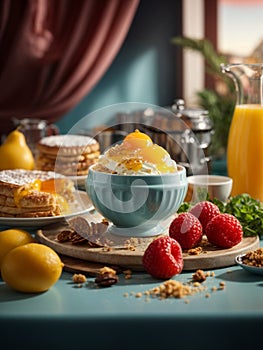 Michelin starred breakfast in premium restaurant and hotel with studio lighting