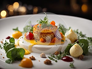 Michelin starred dinner in premium restaurant and hotel with studio lighting