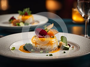 Michelin starred dinner in premium restaurant and hotel with studio lighting