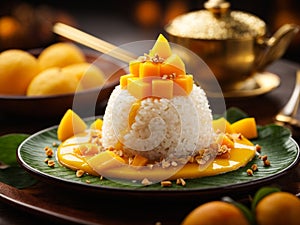 Michelin starred Thai mango sticky rice dessert, cinematic food photography