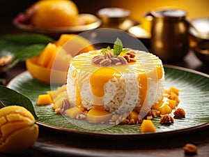 Michelin starred Thai mango sticky rice dessert, cinematic food photography