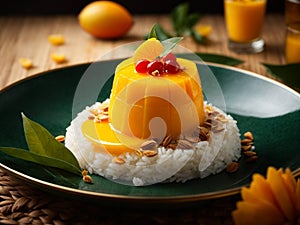 Michelin starred Thai mango sticky rice dessert, cinematic food photography