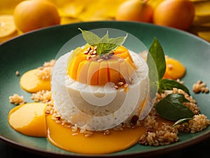 Michelin starred Thai mango sticky rice dessert, cinematic food photography