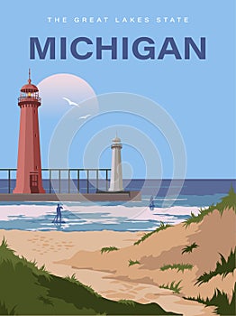Michigan. The great lakes state. Touristic banner in vector