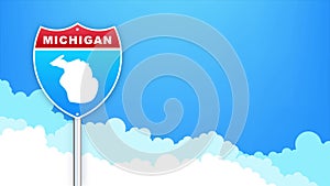 Michigan map on road sign. Welcome to State of Louisiana. Motion graphics.