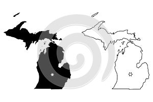Michigan MI state Map USA with Capital City Star at Lansing. Black silhouette and outline isolated on a white background. EPS
