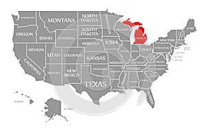 Michigan red highlighted in map of the United States of America