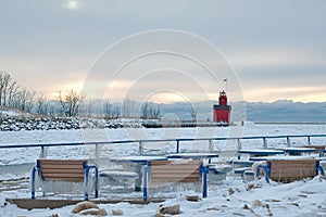 Michigan red lighthouse in winter