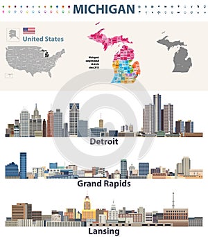 Michigan`s congressional districts map with capital and major cities skylines of Michigan. Vector illustration