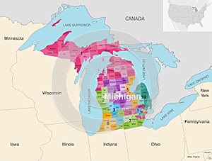 Michigan state counties colored by congressional districts vector map with neighbouring states and terrotories