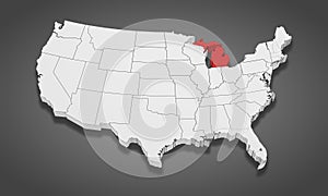 Michigan State Highlighted on the United States of America 3D map. 3D Illustration