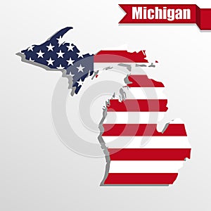 Michigan State map with US flag inside and ribbon